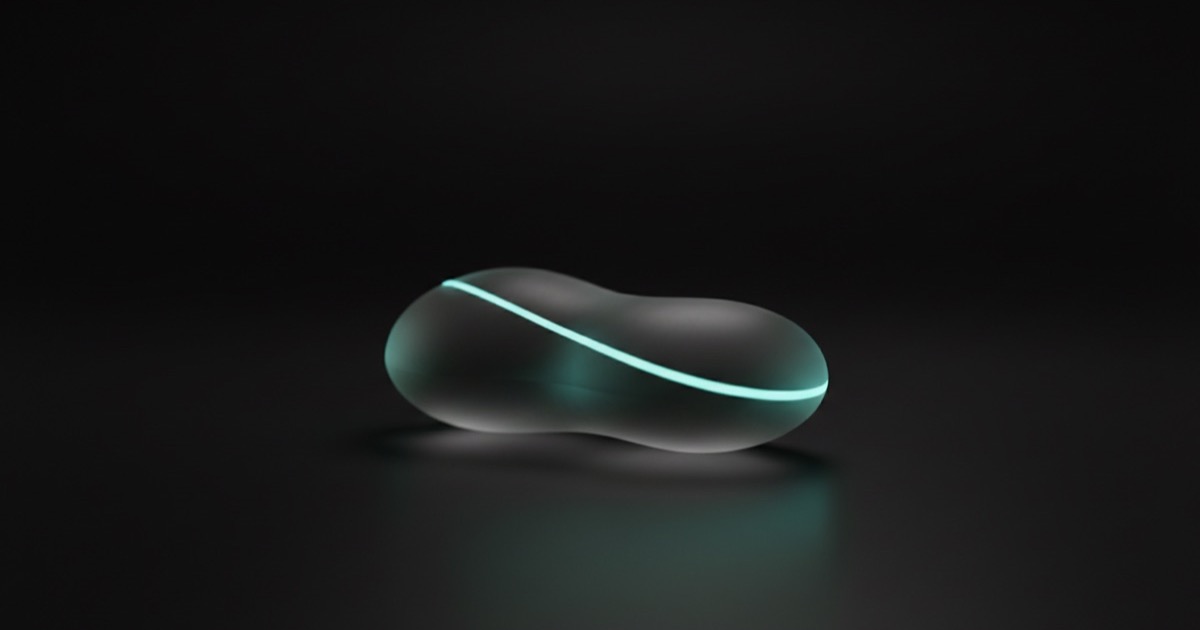 eGFR: bean-shaped frosted glass sculpture with a thin cyan flow line on a dark surface